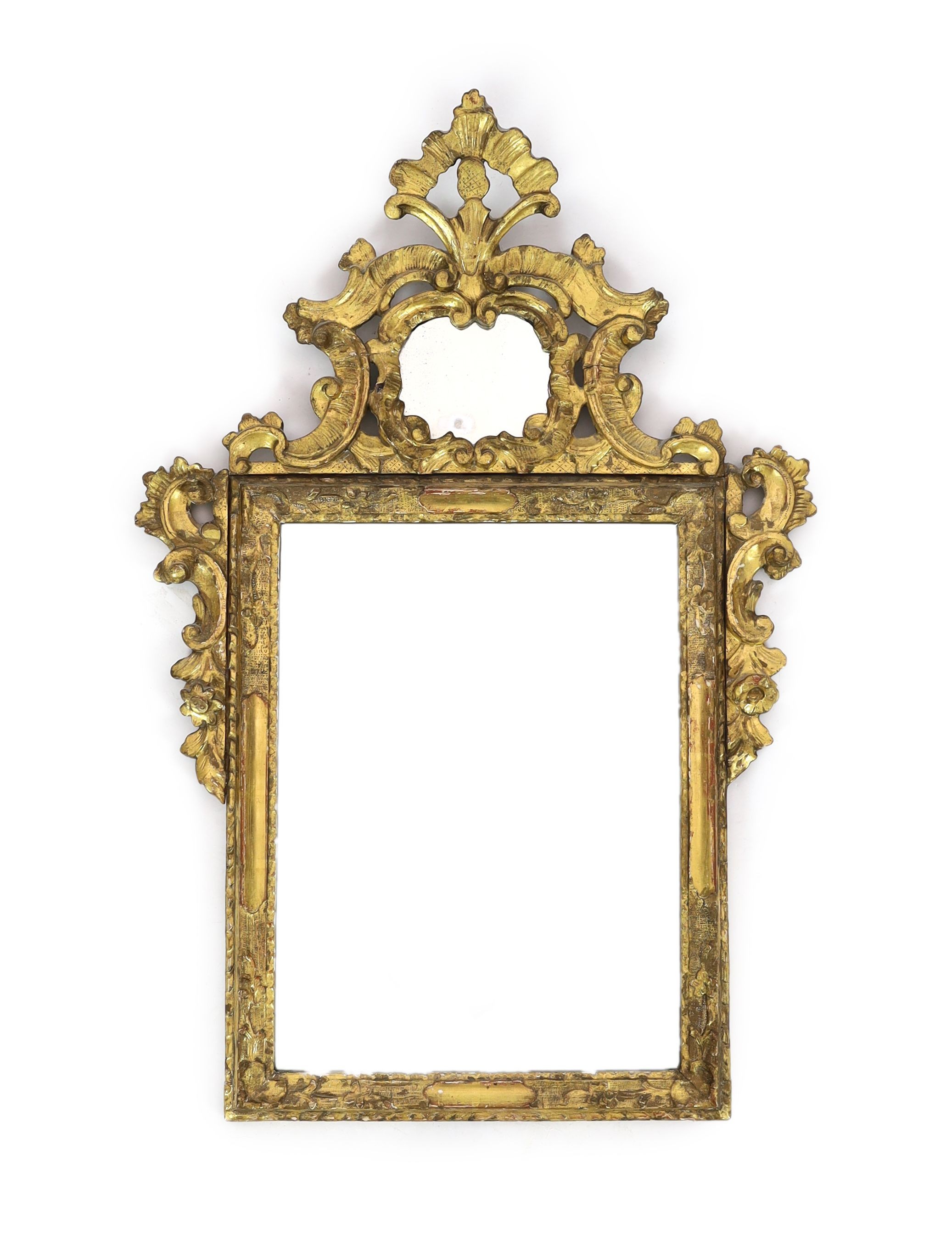 A George I carved giltwood wall mirror, W.71cm H.105cm